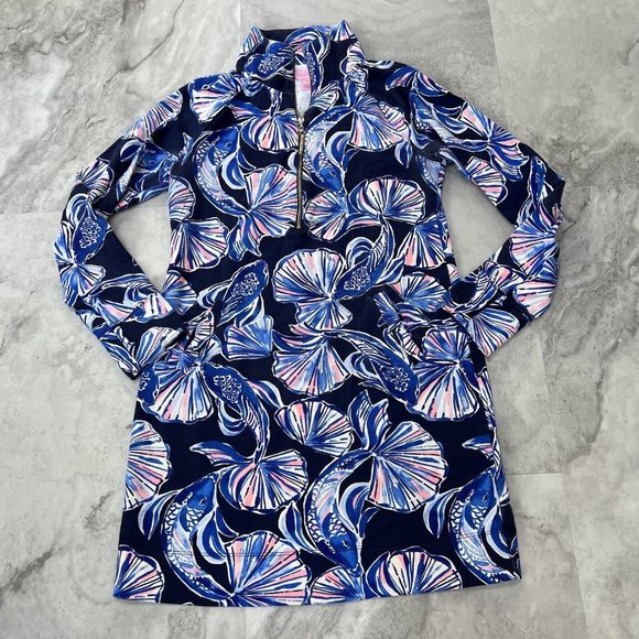 LILLY PULITZER UPF 50+ Popover SKIPPER dress Bright Navy In‎ Reel Life XS XSmall - Picture 1 of 6
